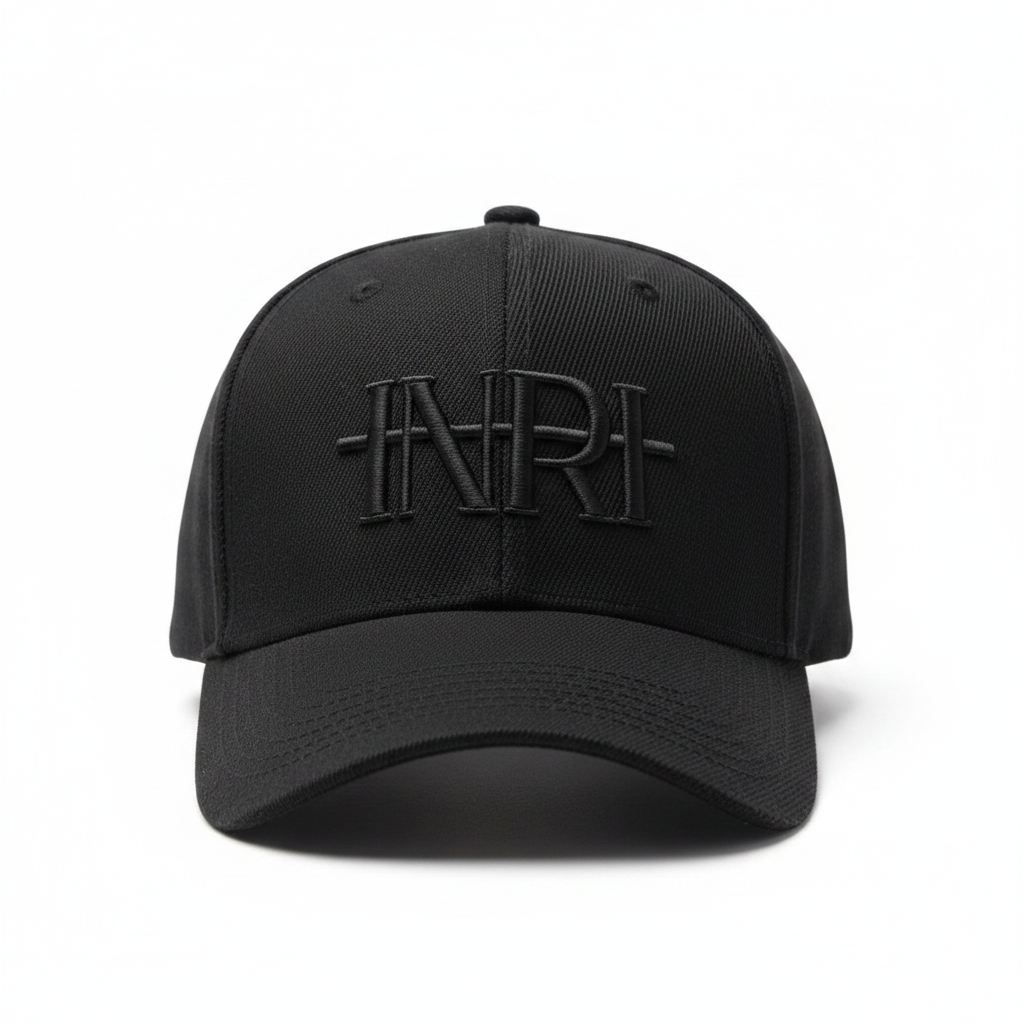 Gorra Negra Bordados Negros INRI fondo blanco frontal