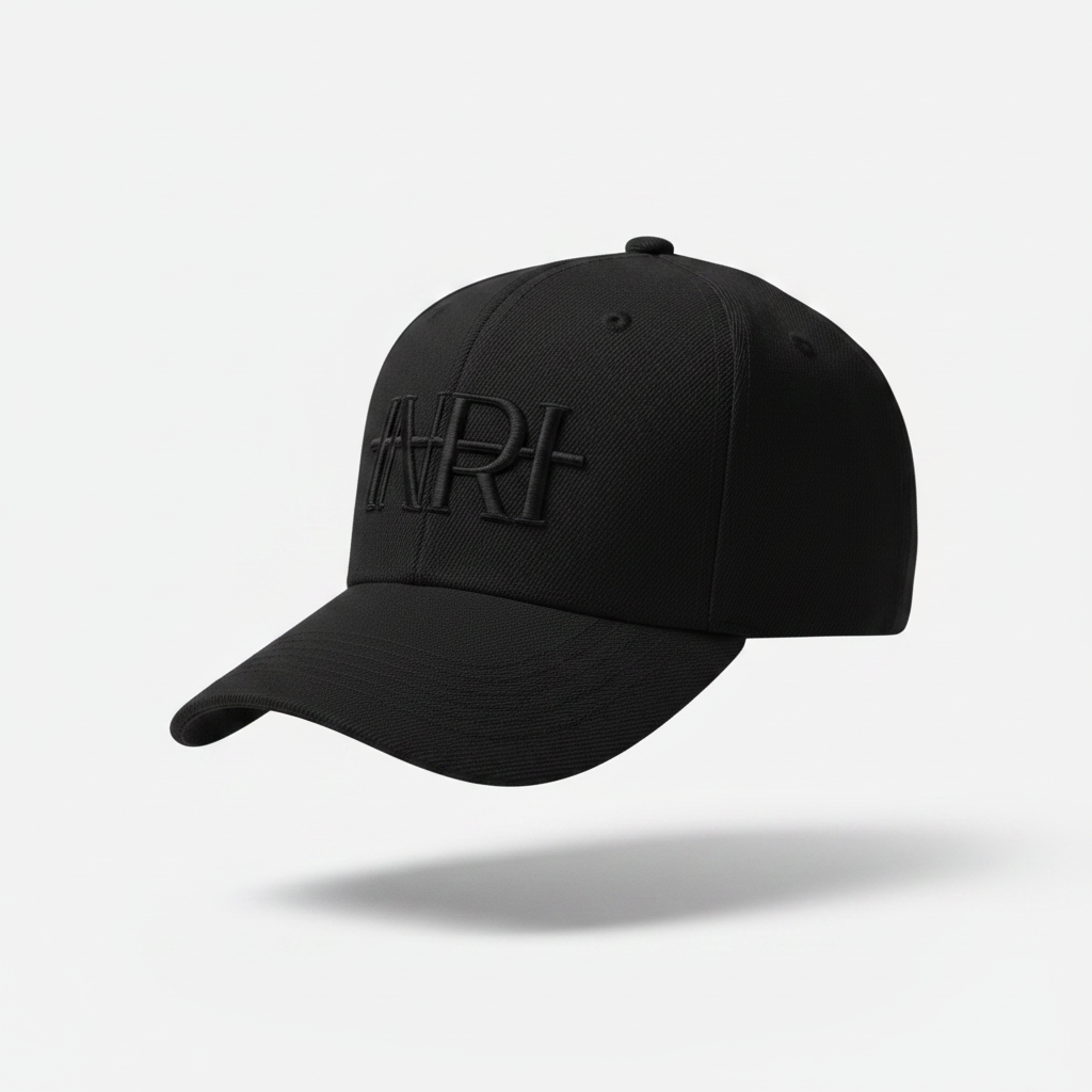 Gorra Negra Bordados Negros INRI fondo blanco lateral
